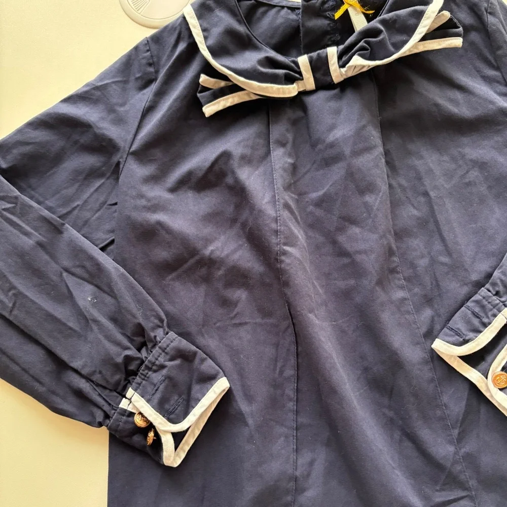 Kidichic Long Sleeve Blouse Kids Size 8 Navy Blue Peter‎ Pan Collar Bow Detail